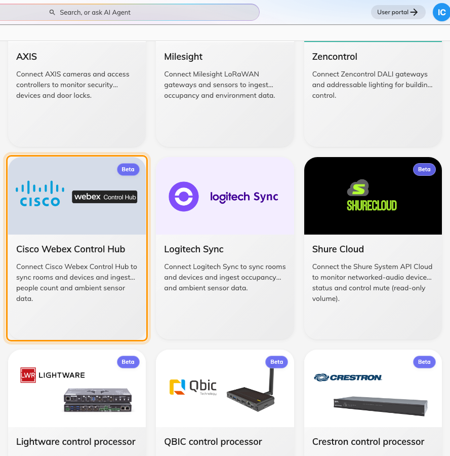 Cisco Webex Control Hub in the Integrations gallery.