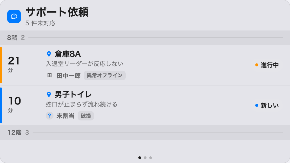 フロアごとにまとまったチケットの列。最も古い待ちが赤になる。