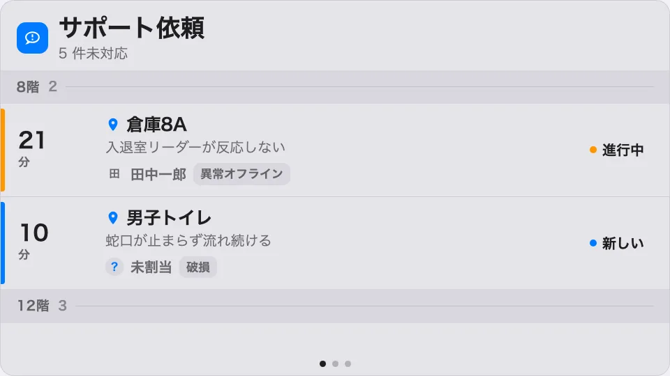 フロアごとにまとまったチケットの列。最も古い待ちが赤になる。