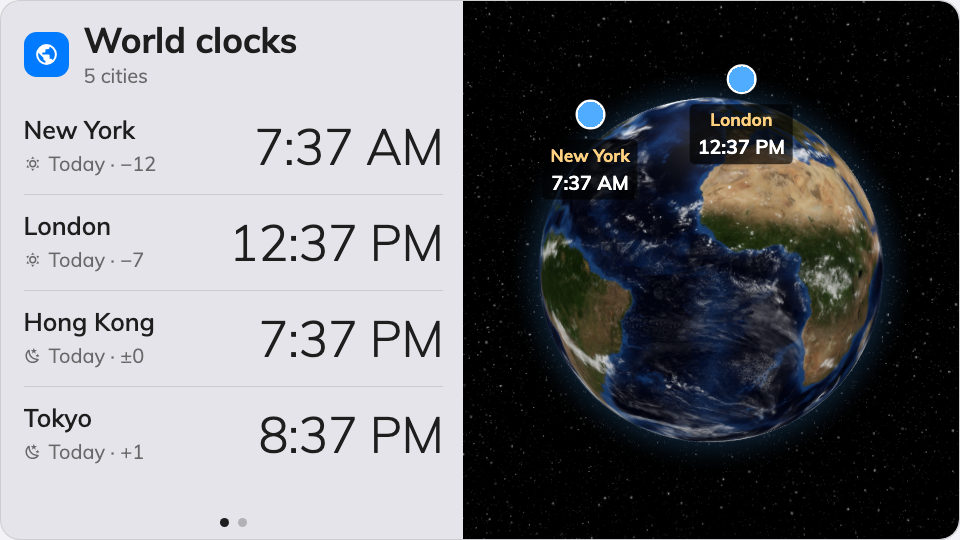 World clocks on the main stage — the rows beside the globe.