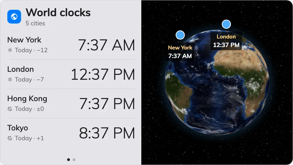 World clocks on the main stage — the rows beside the globe.