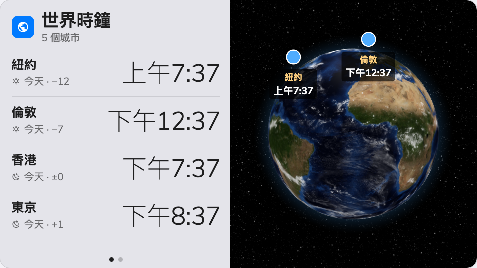 主畫面上的世界時鐘——地球儀旁的城市列。