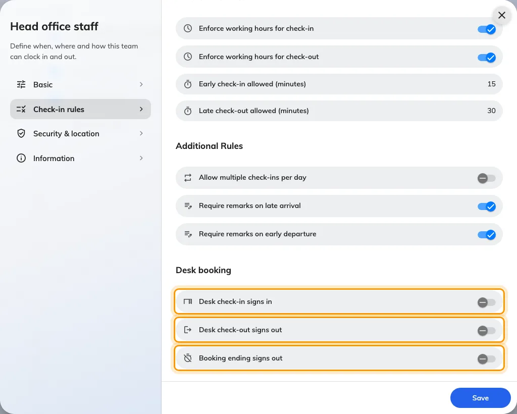Desk attendance has separate switches for arrival, checkout and booking end.