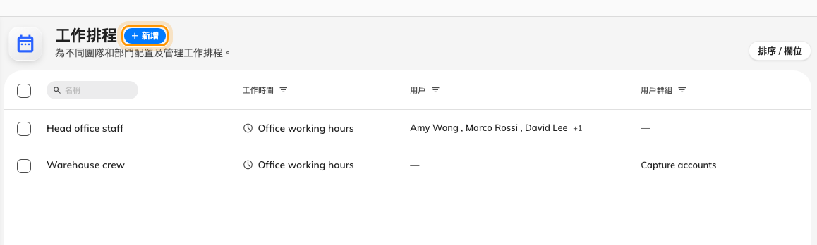 這個租戶的工作排程 — 每一列顯示它的工作時間和排程上的人。新增會打開編輯畫面。