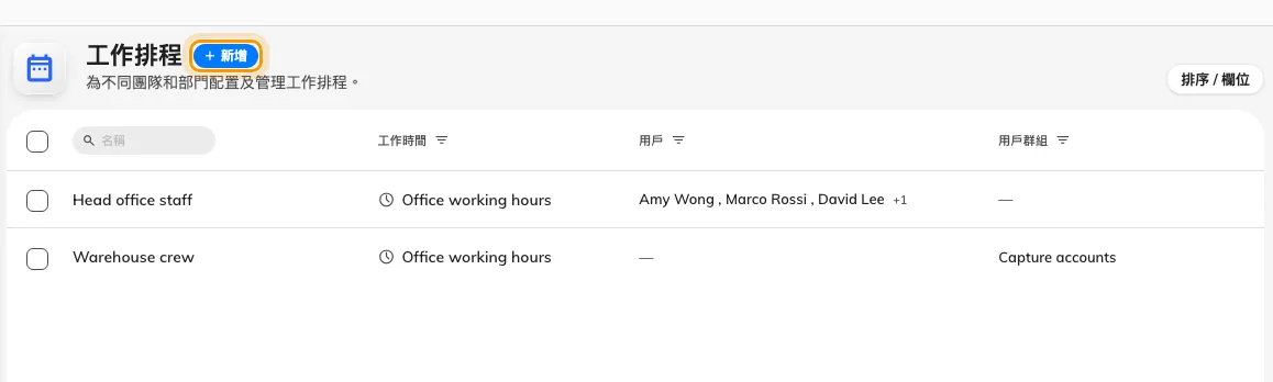 這個租戶的工作排程 — 每一列顯示它的工作時間和排程上的人。新增會打開編輯畫面。