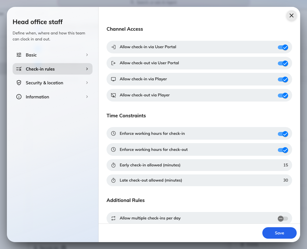 Check-in rules: the four Channel Access switches, the Time Constraints pair with their minute allowances, and the Additional Rules.