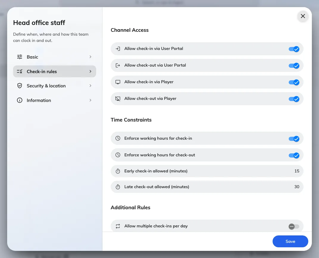 Check-in rules: the four Channel Access switches, the Time Constraints pair with their minute allowances, and the Additional Rules.