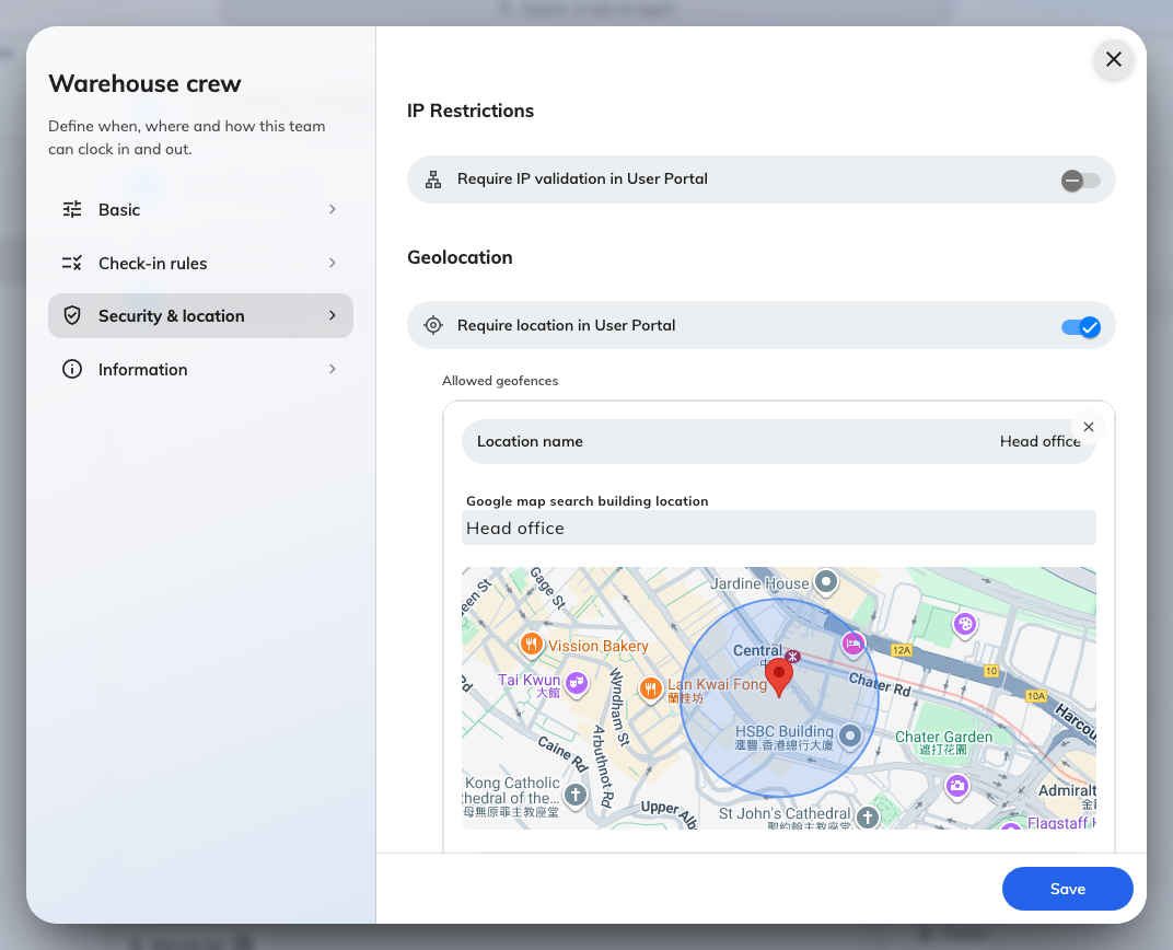 Security & location: IP Restrictions, Geolocation with a geofence drawn on the map, and the four Selfie verification switches.