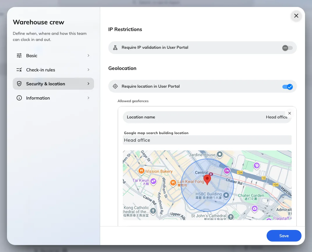 Security & location: IP Restrictions, Geolocation with a geofence drawn on the map, and the four Selfie verification switches.